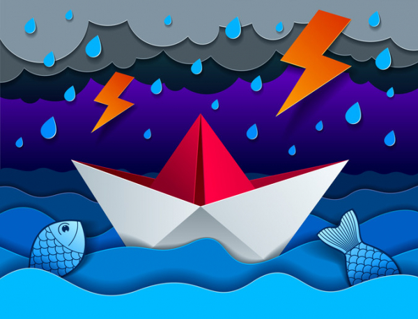 Colorful paper cutouts of a thunderstorm at sea with dark clouds, lightening, fish jumping, and a red and white boat bobbing in the waves; concept is resilience